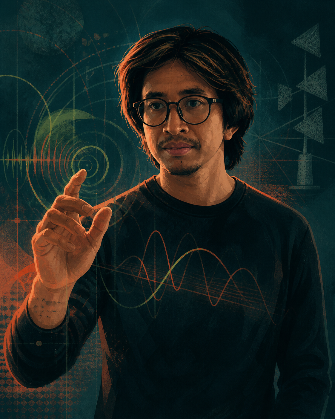 Stylized editorial portrait of Dr. Ramatryana interacting with abstract wireless signal patterns