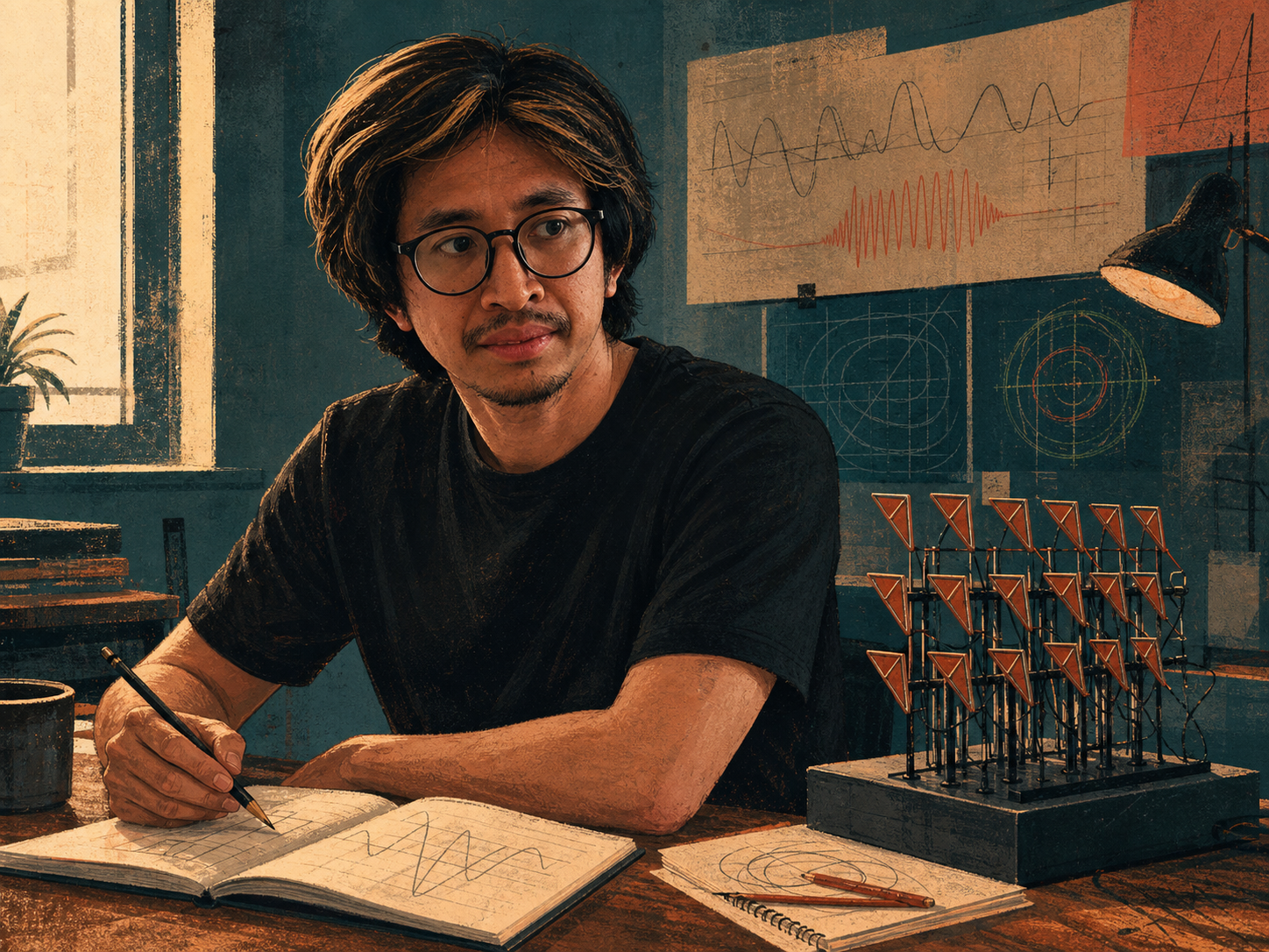 Stylized editorial scene of Dr. Ramatryana working at a desk beside an antenna-array model and waveform sketches