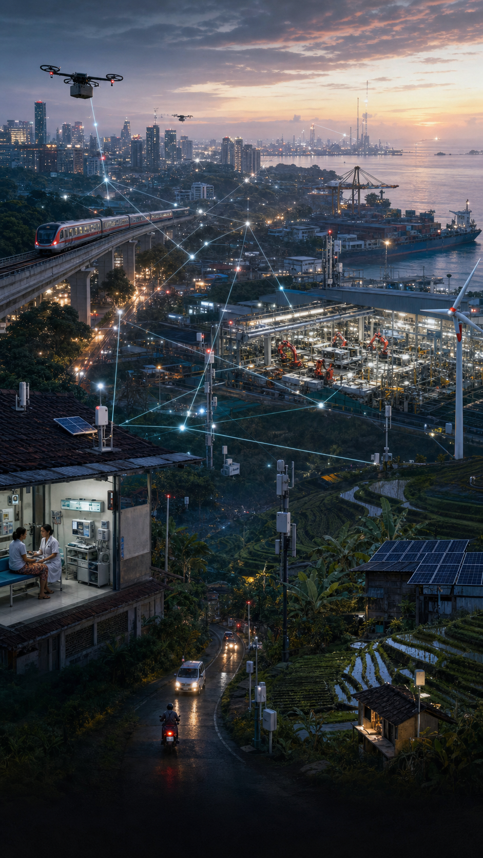 Dense artistic wireless landscape connecting mobility, industry, health, renewable energy, agriculture, drones, and distributed access