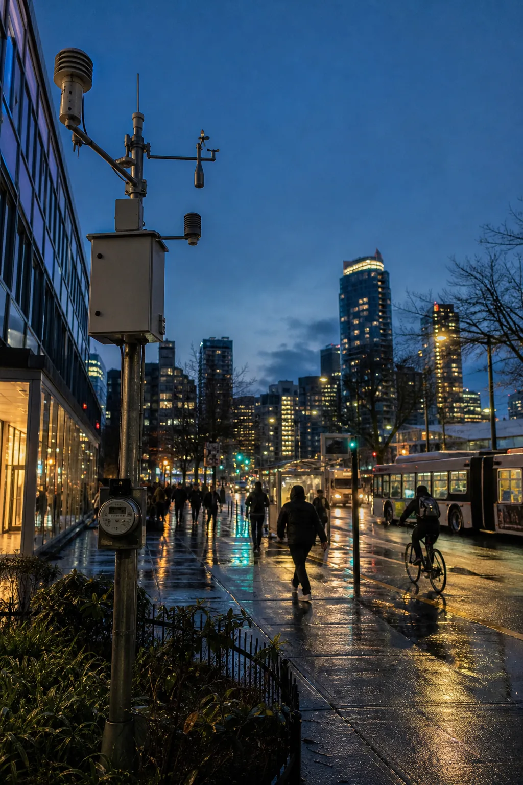 Artistic smart-city scene with dense environmental and infrastructure sensing
