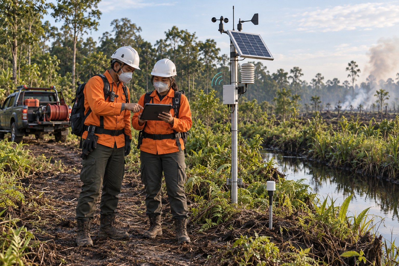 Illustrative forest and land fire monitoring at a peatland edge in Riau, Sumatra, with a field crew, environmental sensors, and distant smoke