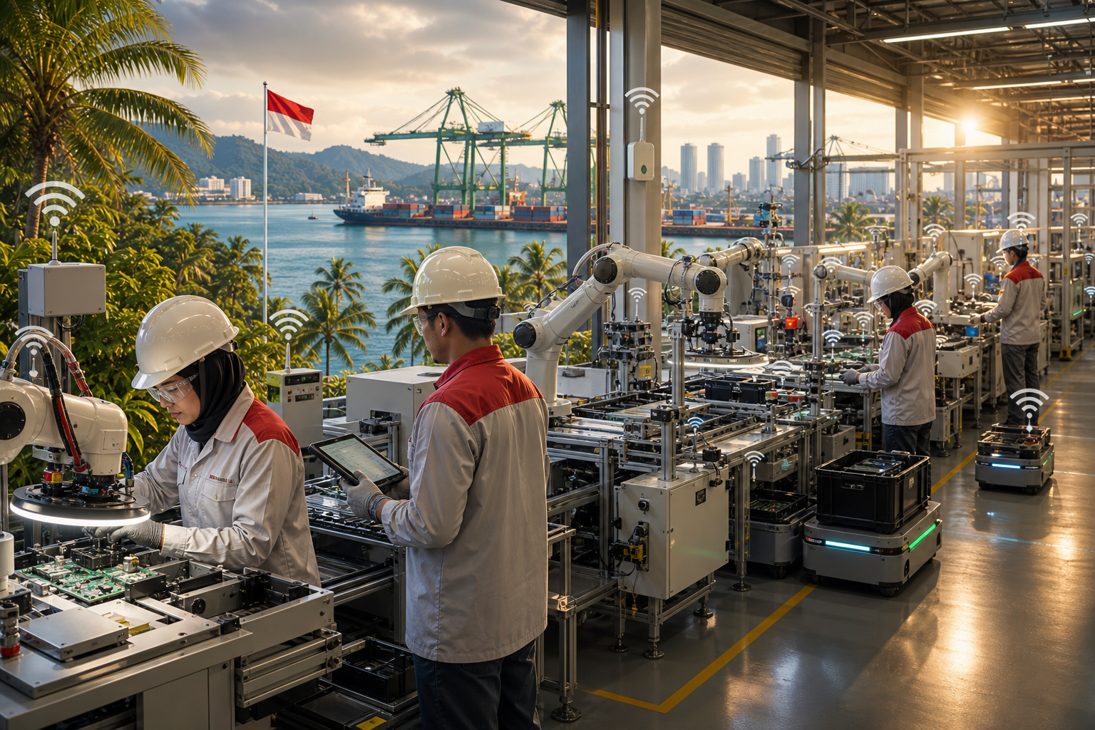 Indonesian technicians working with connected robotics in a Batam factory and port setting