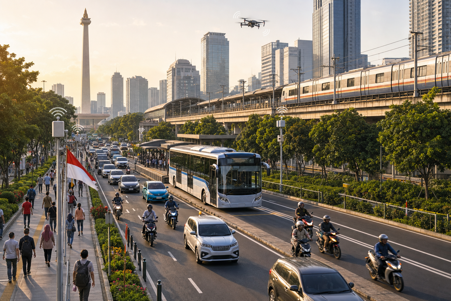 Connected public transport, road traffic, rail, sensors, and a drone in Jakarta
