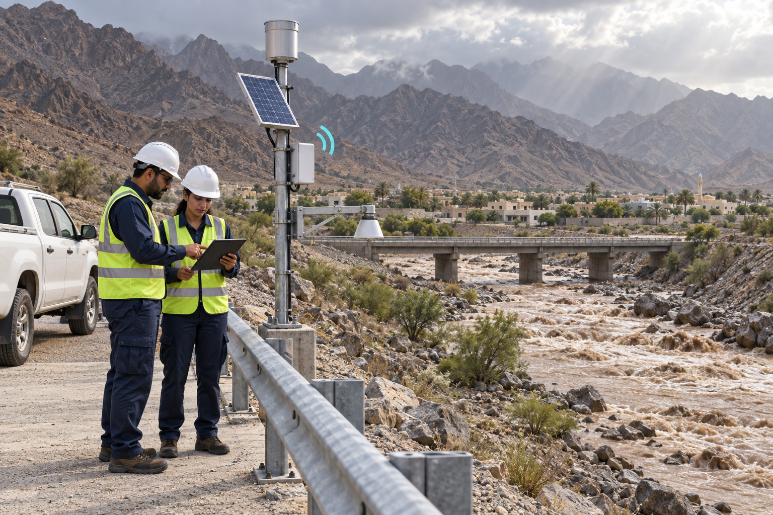 Prospective wadi flood monitoring in Fujairah's Hajar Mountains with water-level and rainfall sensors and a field team