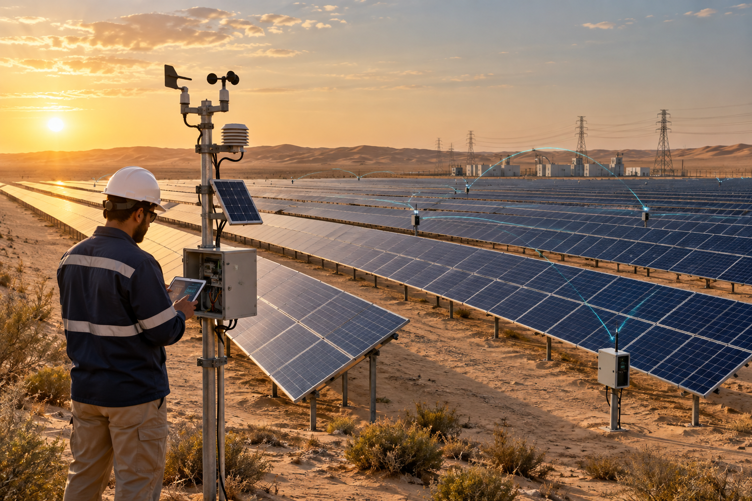 Illustrative solar energy setting in Al Dhafra, Abu Dhabi, with wireless monitoring of distributed infrastructure