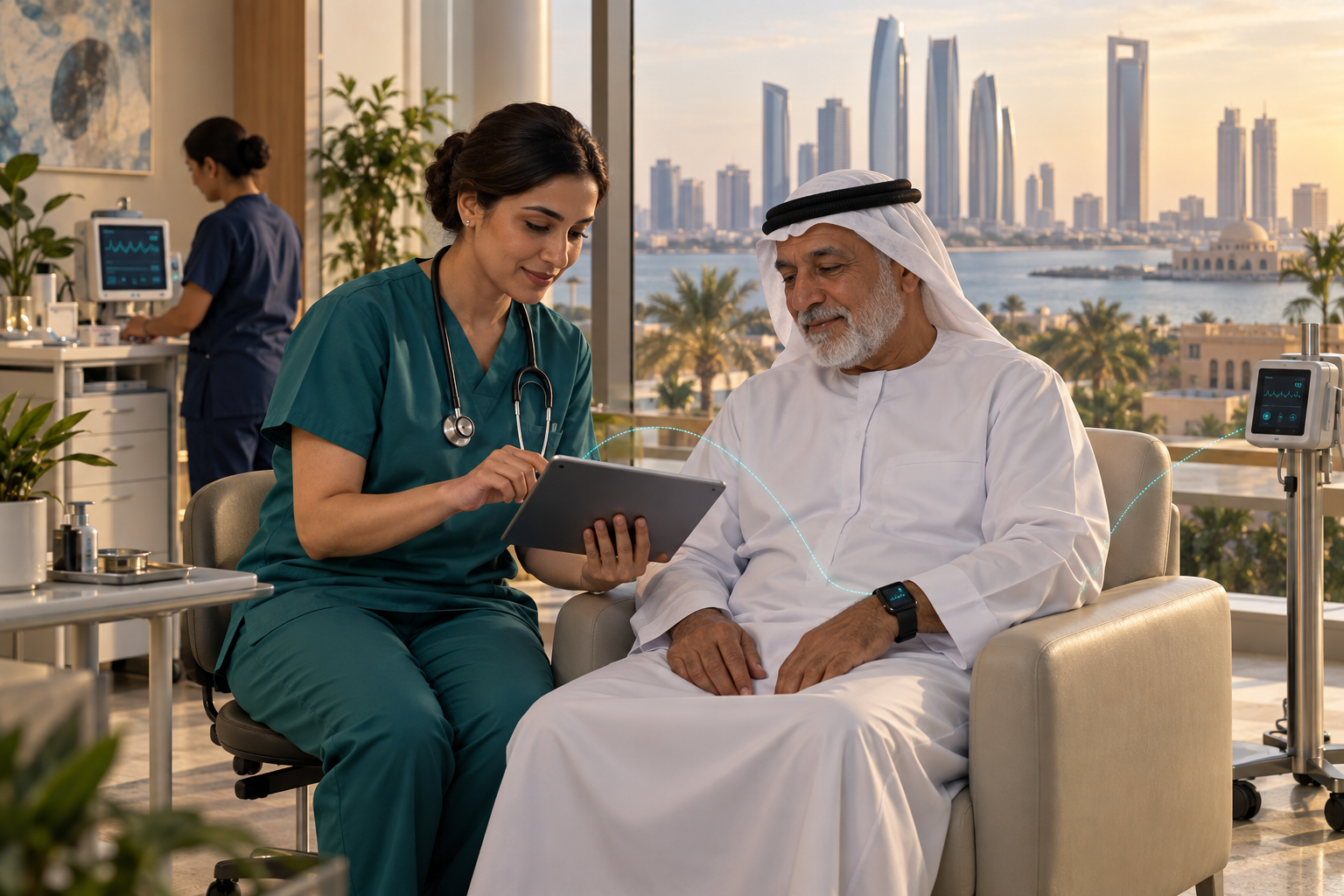 Illustrative connected healthcare setting in Abu Dhabi with wearable monitoring and emergency telemetry