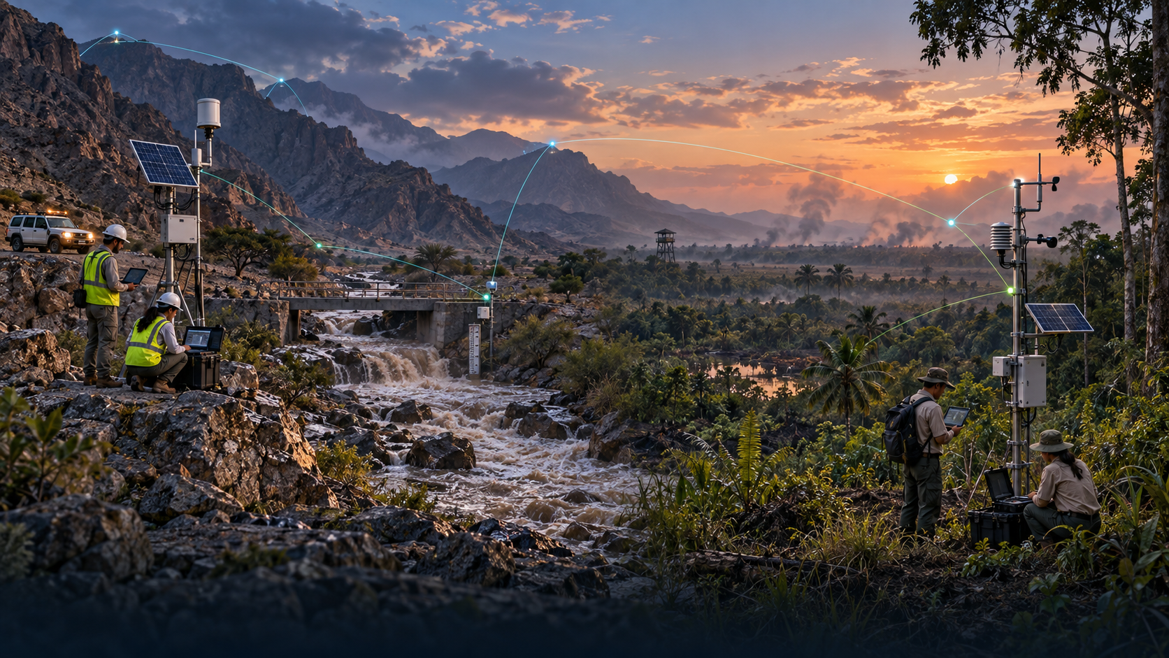 Conceptual disaster-monitoring illustration combining rainfall and rising-water sensing in Fujairah with smoke and heat monitoring for karhutla in Riau