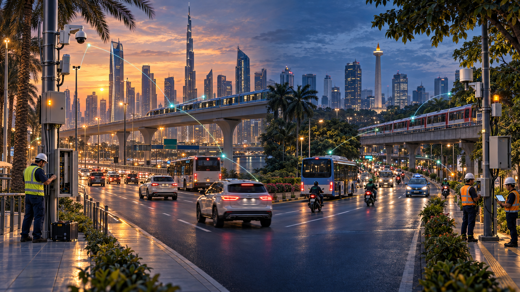 Conceptual mobility illustration combining connected transport and roadside sensing in Dubai and Jakarta