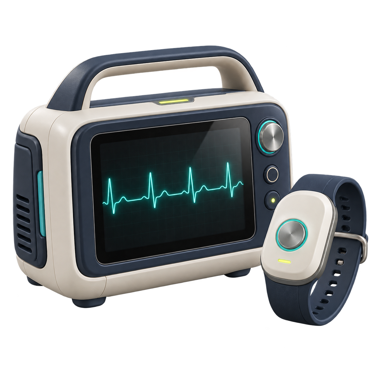 Artistic illustration of a portable health monitor and connected wearable