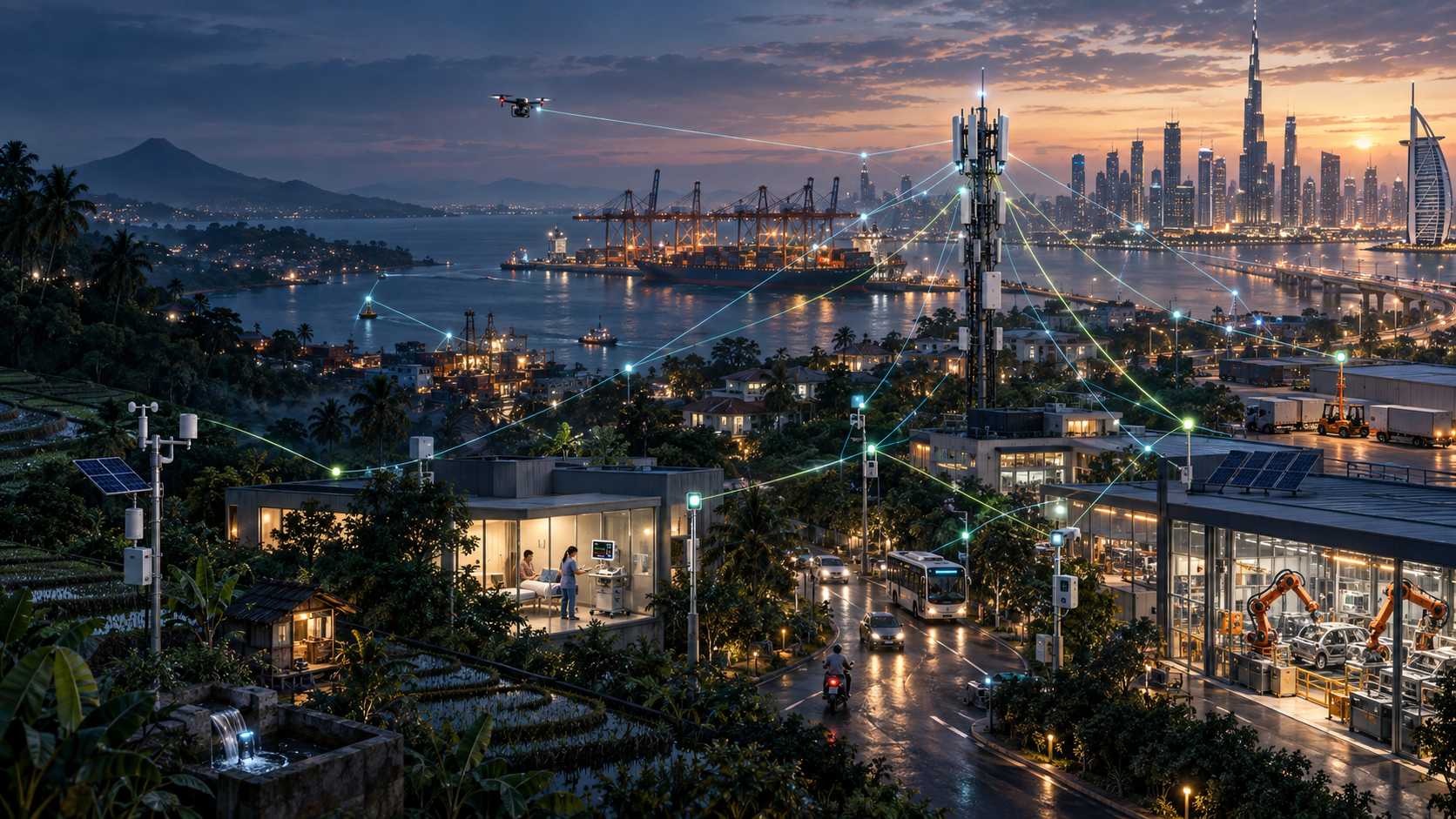 Artistic real-world landscape illustrating connected health, industrial sensing, environmental monitoring, and shared wireless access