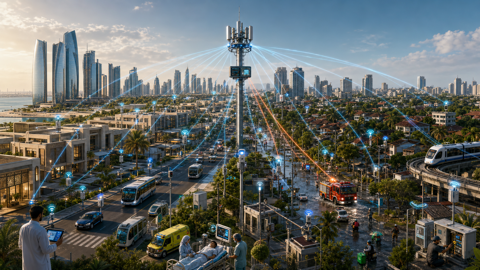 Realistic urban research panorama connecting UAE and Indonesian smart mobility, health, emergency, energy, utility, and environmental services through a coordinated macrocell